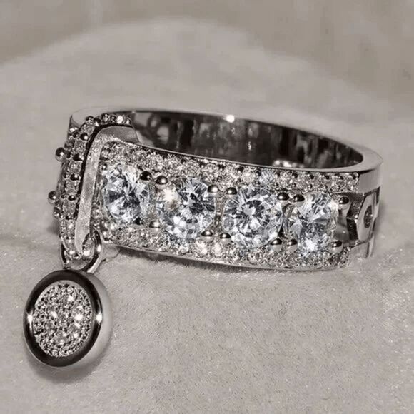 Engagement Wedding Anniversary Round Diamond Mosaic Ring With Hanging Charm - Picture 1 of 5
